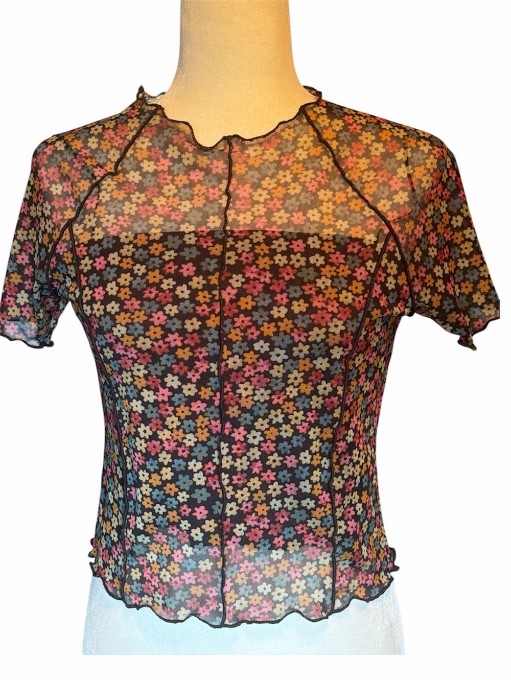Floral Mesh Short Sleeve Top - Black Multicolor